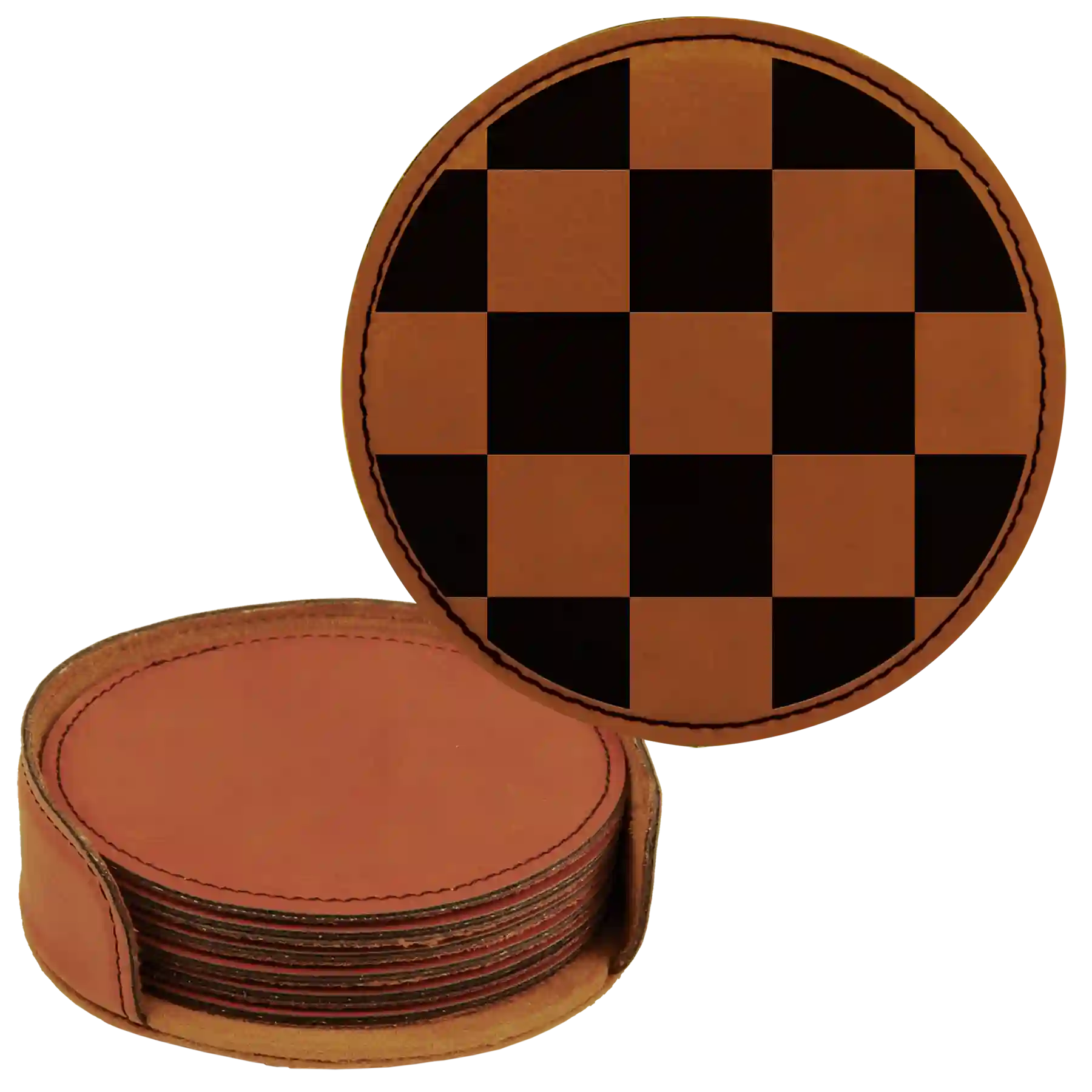 Rawhide round leatherette coasters set and holder laser etched with 'Checkered' design