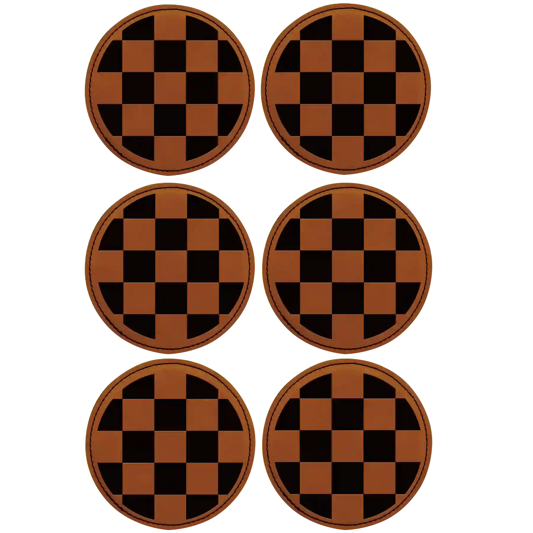 Rawhide round leatherette coasters set of 6 laser etched with 'Checkered' designs