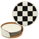 White round leatherette coasters set and holder laser etched with 'Checkered' design