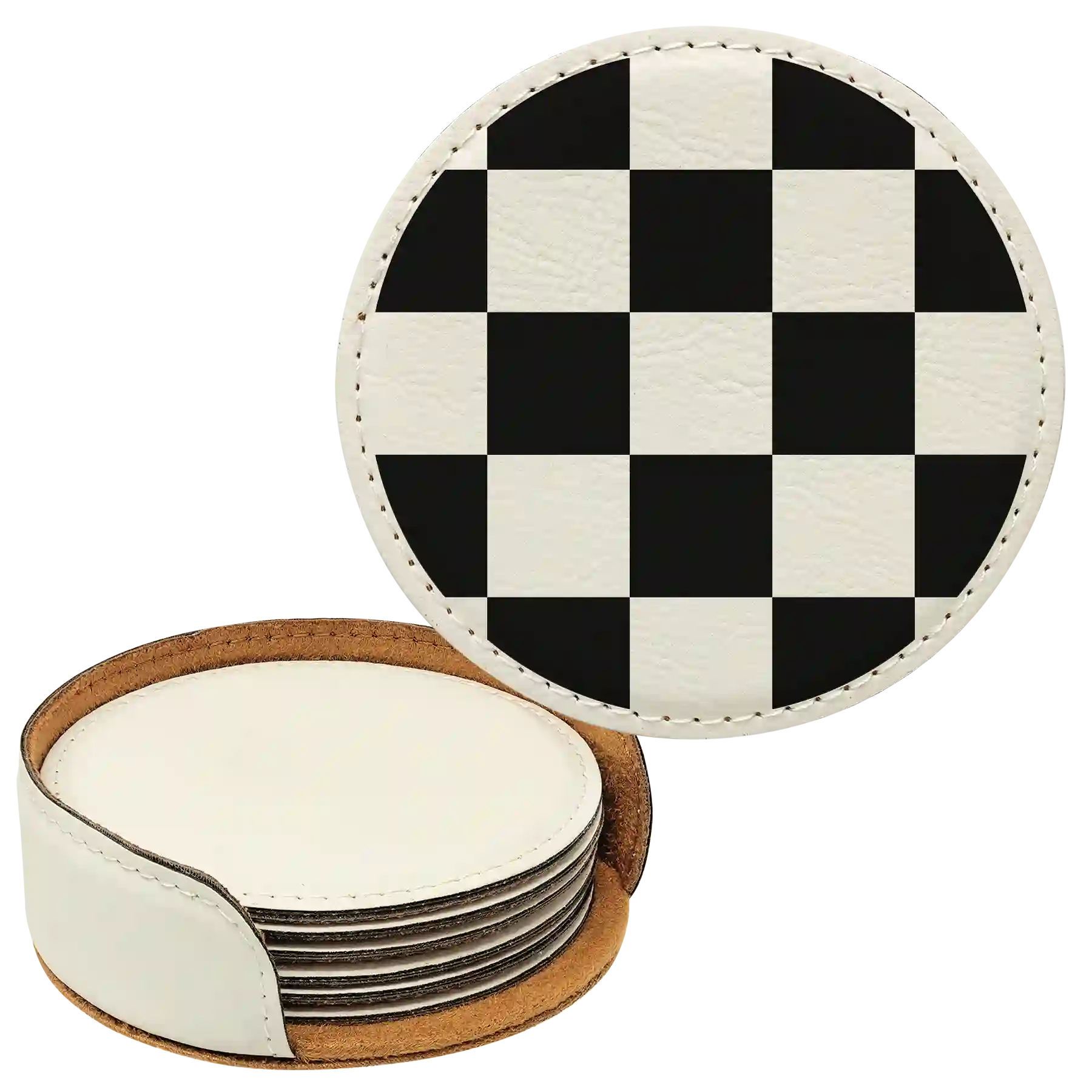 White round leatherette coasters set and holder laser etched with 'Checkered' design