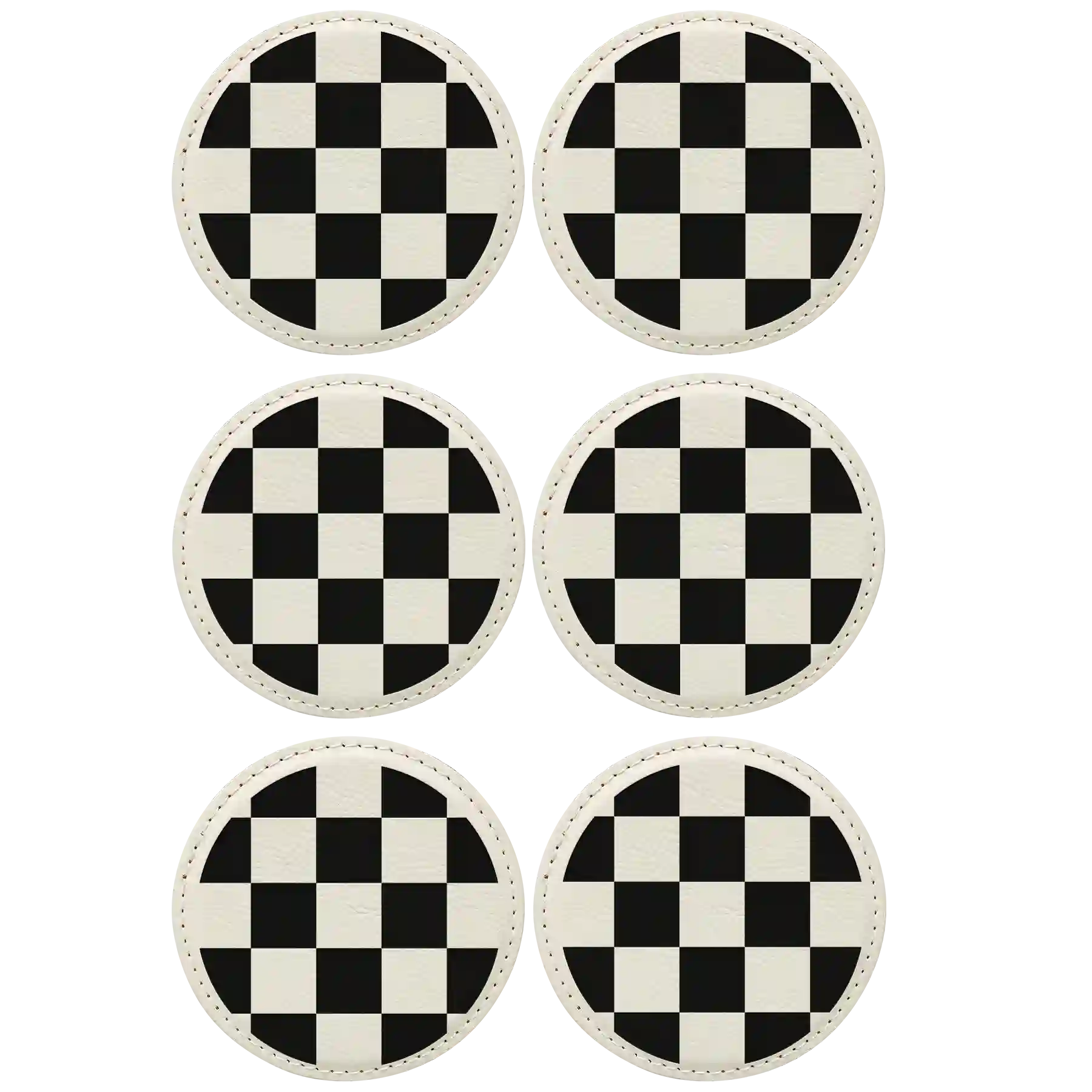 White round leatherette coasters set of 6 laser etched with 'Checkered' designs