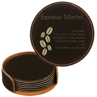 Black/Gold round leatherette coasters set and holder laser etched with 'Cocktail Recipe' design