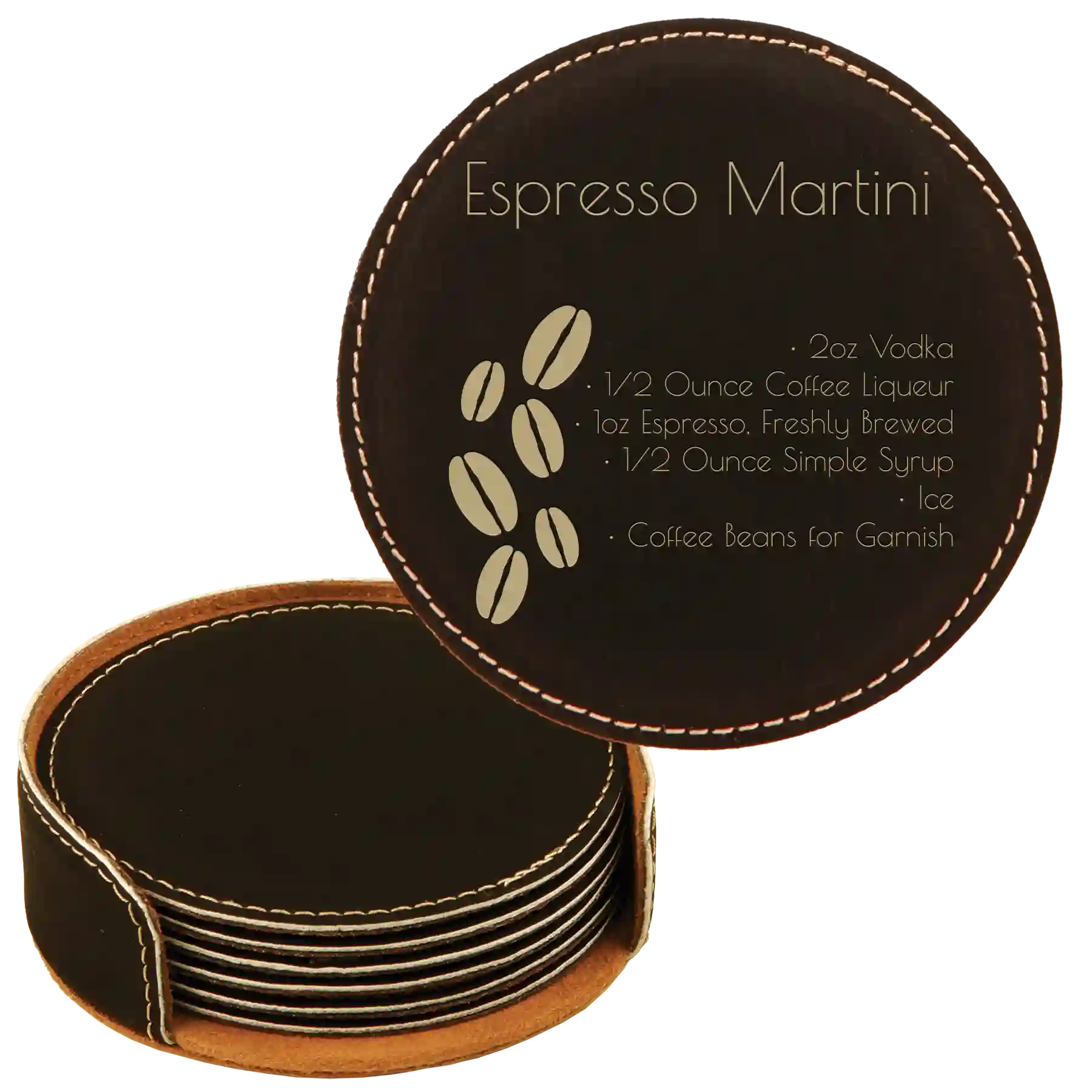 Black/Gold round leatherette coasters set and holder laser etched with 'Cocktail Recipe' design