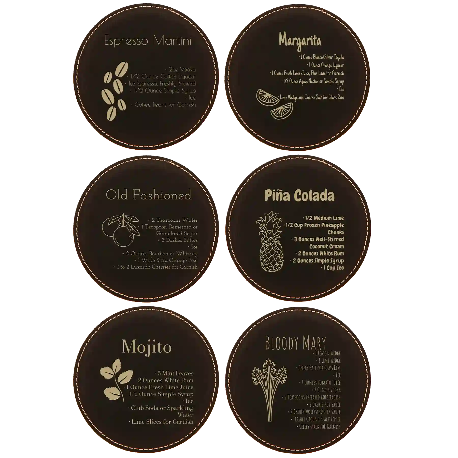 Black/Gold round leatherette coasters set of 6 laser etched with 'Cocktail Recipe' designs