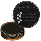 Black/Silver round leatherette coasters set and holder laser etched with 'Cocktail Recipe' design