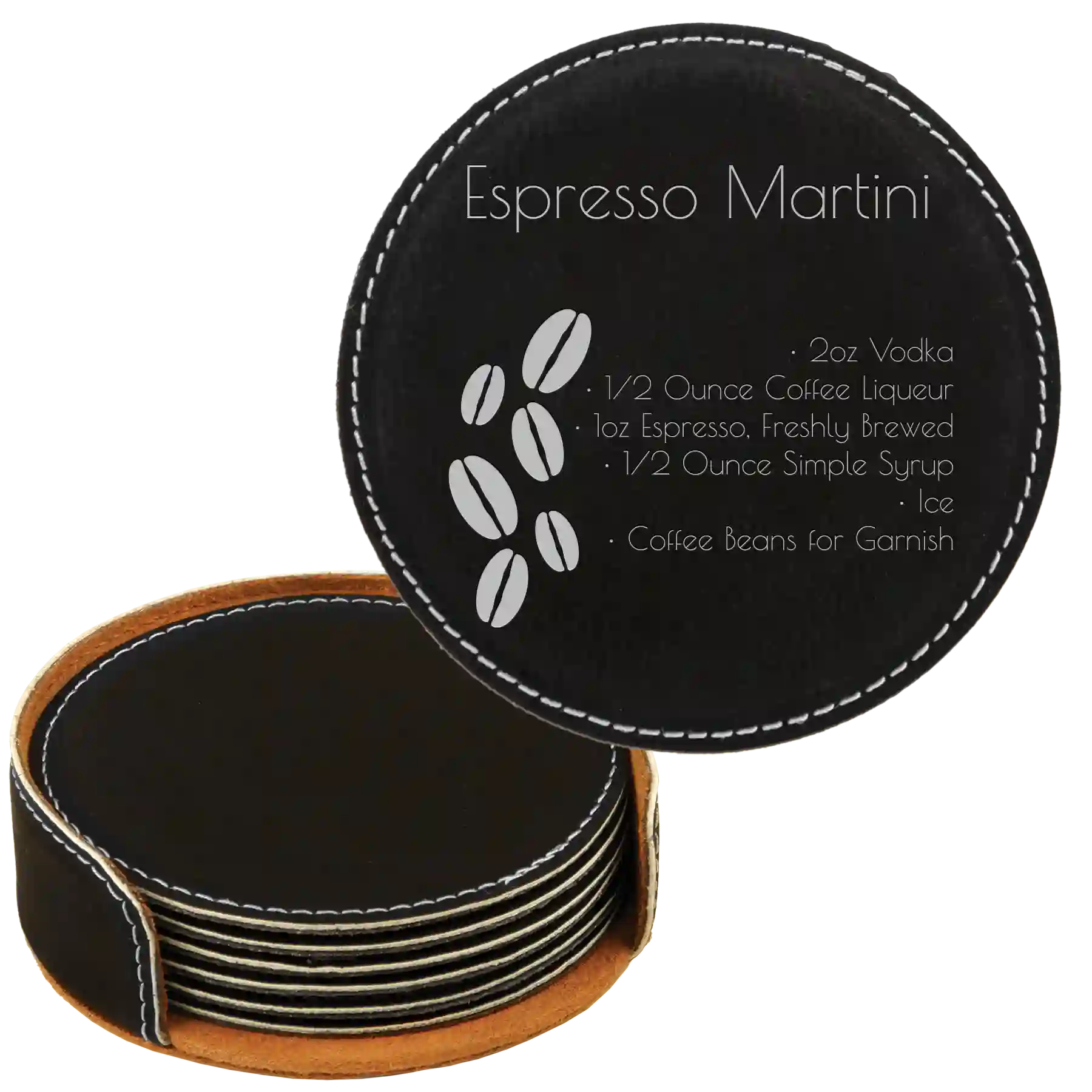 Black/Silver round leatherette coasters set and holder laser etched with 'Cocktail Recipe' design