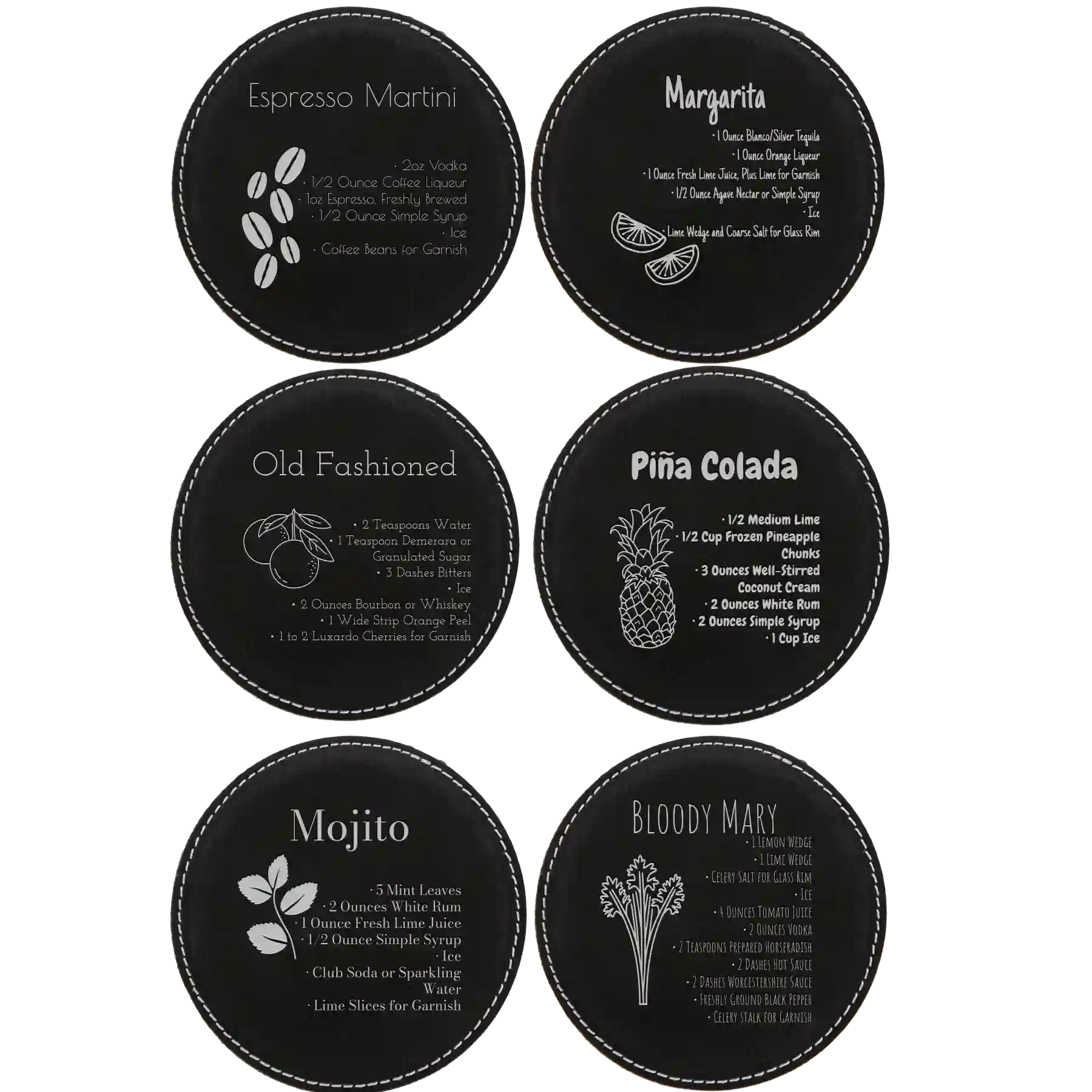 Black/Silver round leatherette coasters set of 6 laser etched with 'Cocktail Recipe' designs