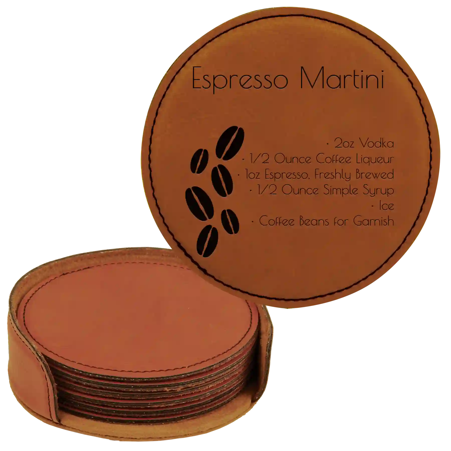 Rawhide round leatherette coasters set and holder laser etched with 'Cocktail Recipe' design
