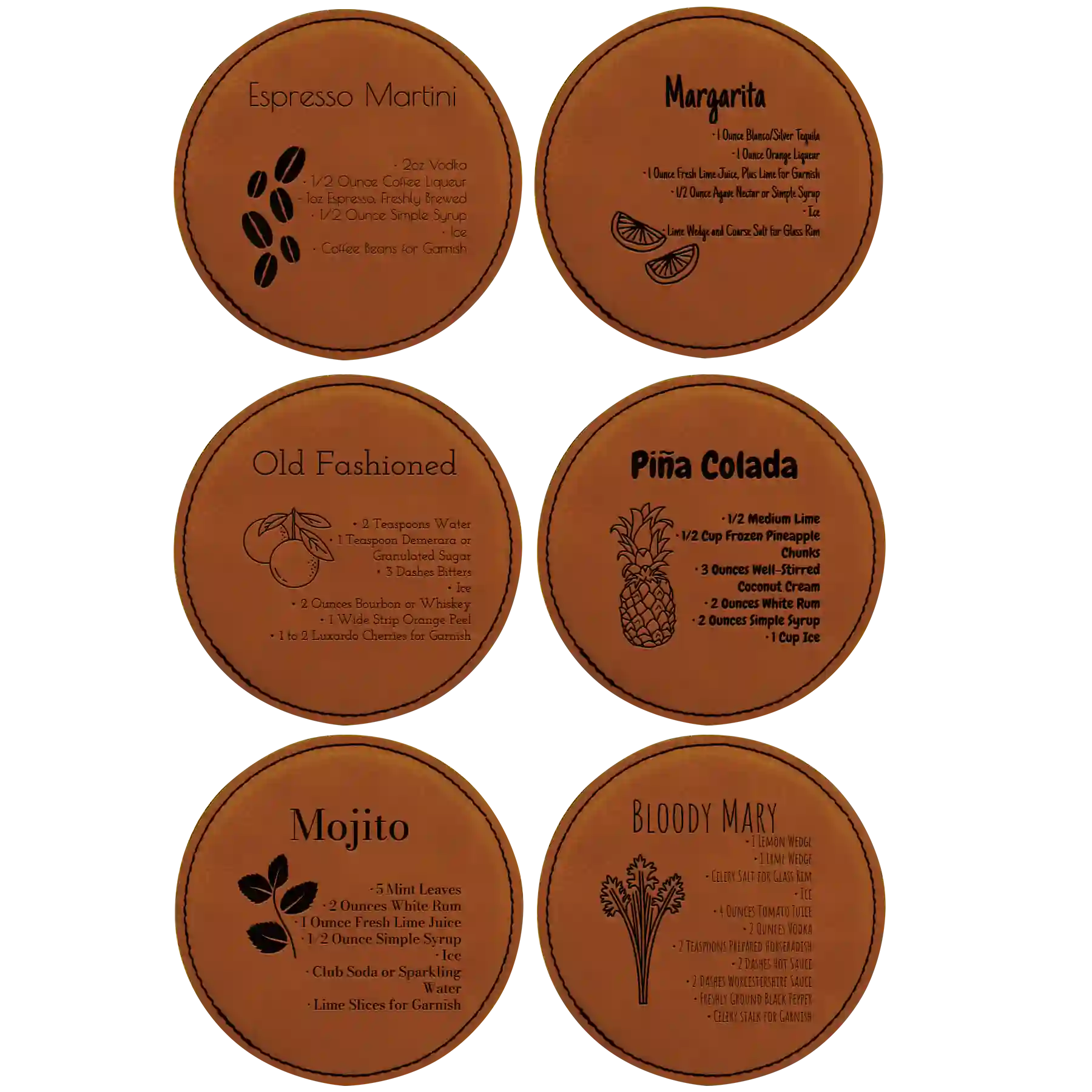 Rawhide round leatherette coasters set of 6 laser etched with 'Cocktail Recipe' designs