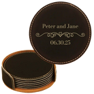 Black/Gold round leatherette coasters set and holder with personalized 'Couple Wedding Date' design