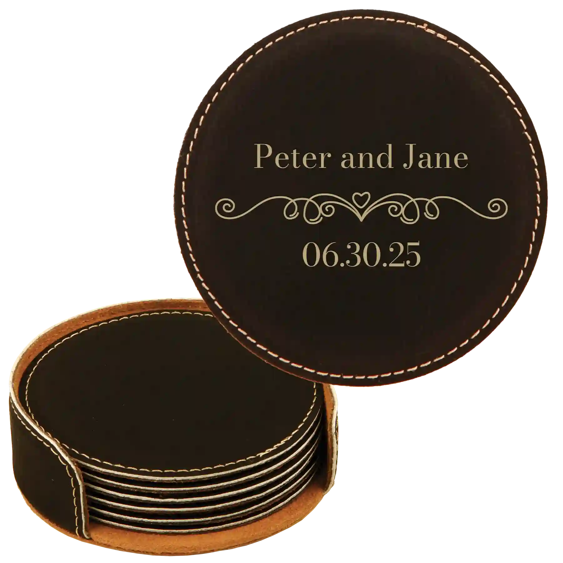 Black/Gold round leatherette coasters set and holder with personalized 'Couple Wedding Date' design