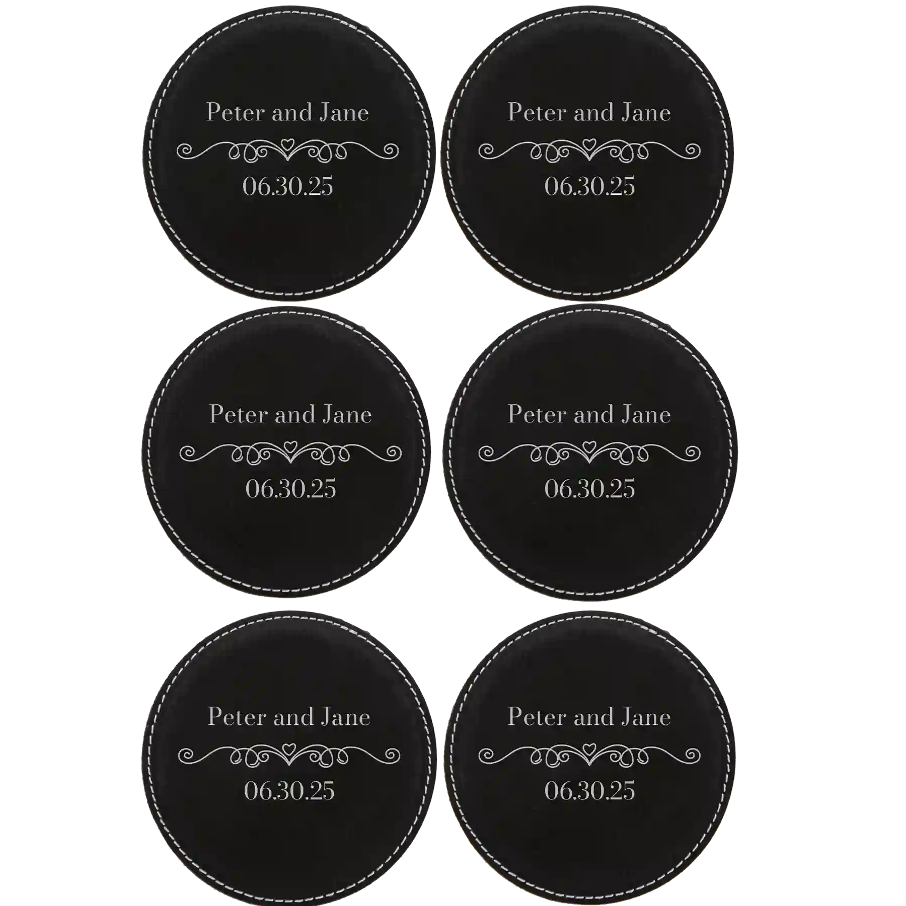 Black/Silver round leatherette coasters set of 6 with personalized 'Couple Wedding Date' designs