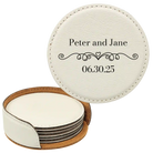 White round leatherette coasters set and holder with personalized 'Couple Wedding Date' design
