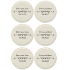 White round leatherette coasters set of 6 with personalized 'Couple Wedding Date' designs