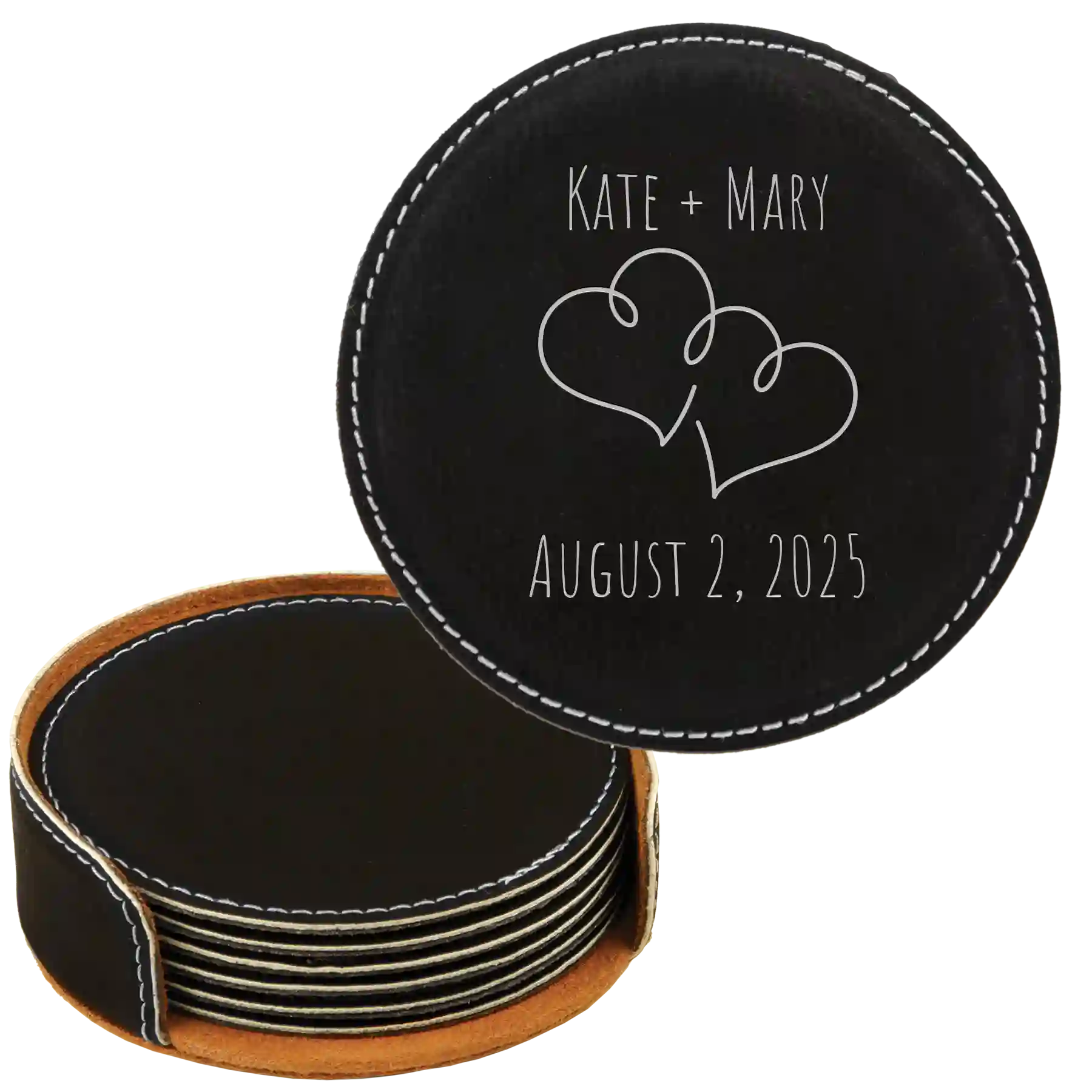 Black/Silver round leatherette coasters set and holder with personalized 'Double Heart' design
