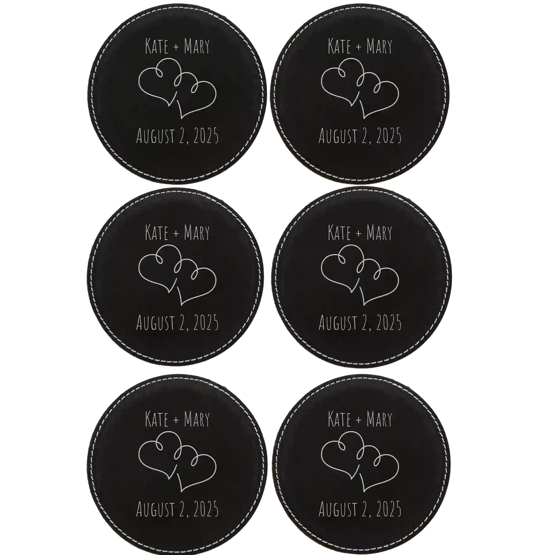Black/Silver round leatherette coasters set of 6 with personalized 'Double Heart' designs