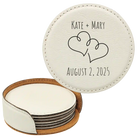 White round leatherette coasters set and holder with personalized 'Double Heart' design