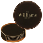 Black/Gold round leatherette coasters set and holder with personalized 'Family EST' design