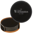 Black/Silver round leatherette coasters set and holder with personalized 'Family EST' design