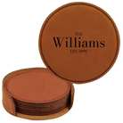 Rawhide round leatherette coasters set and holder with personalized 'Family EST' design