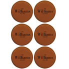 Rawhide round leatherette coasters set of 6 with personalized 'Family EST' designs