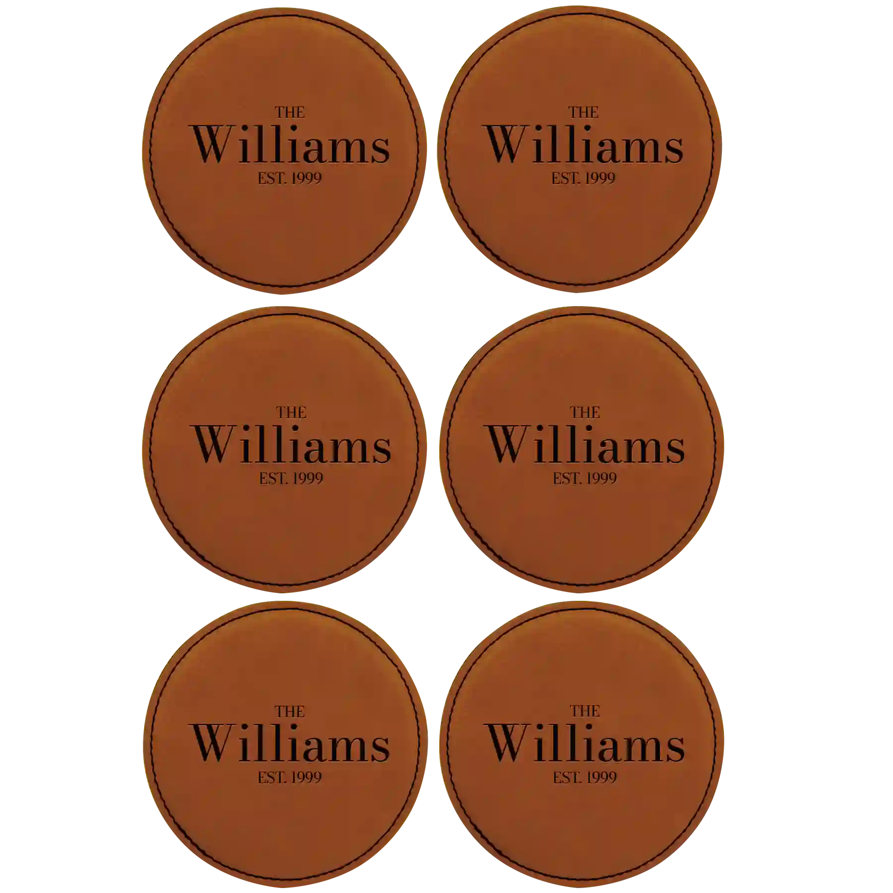 Rawhide round leatherette coasters set of 6 with personalized 'Family EST' designs