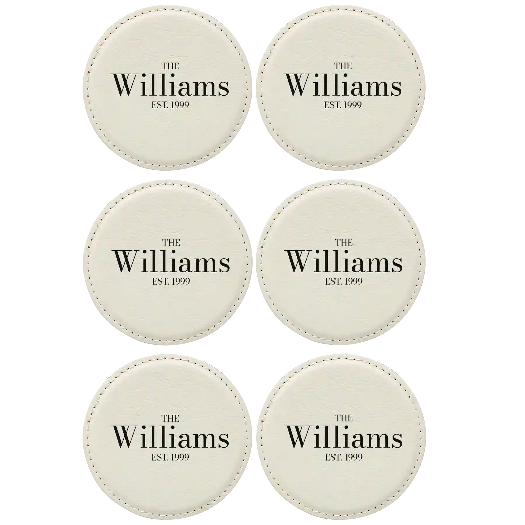 White round leatherette coasters set of 6 with personalized 'Family EST' designs