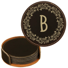 Black/Gold round leatherette coasters set and holder with personalized 'Floral Circle' design