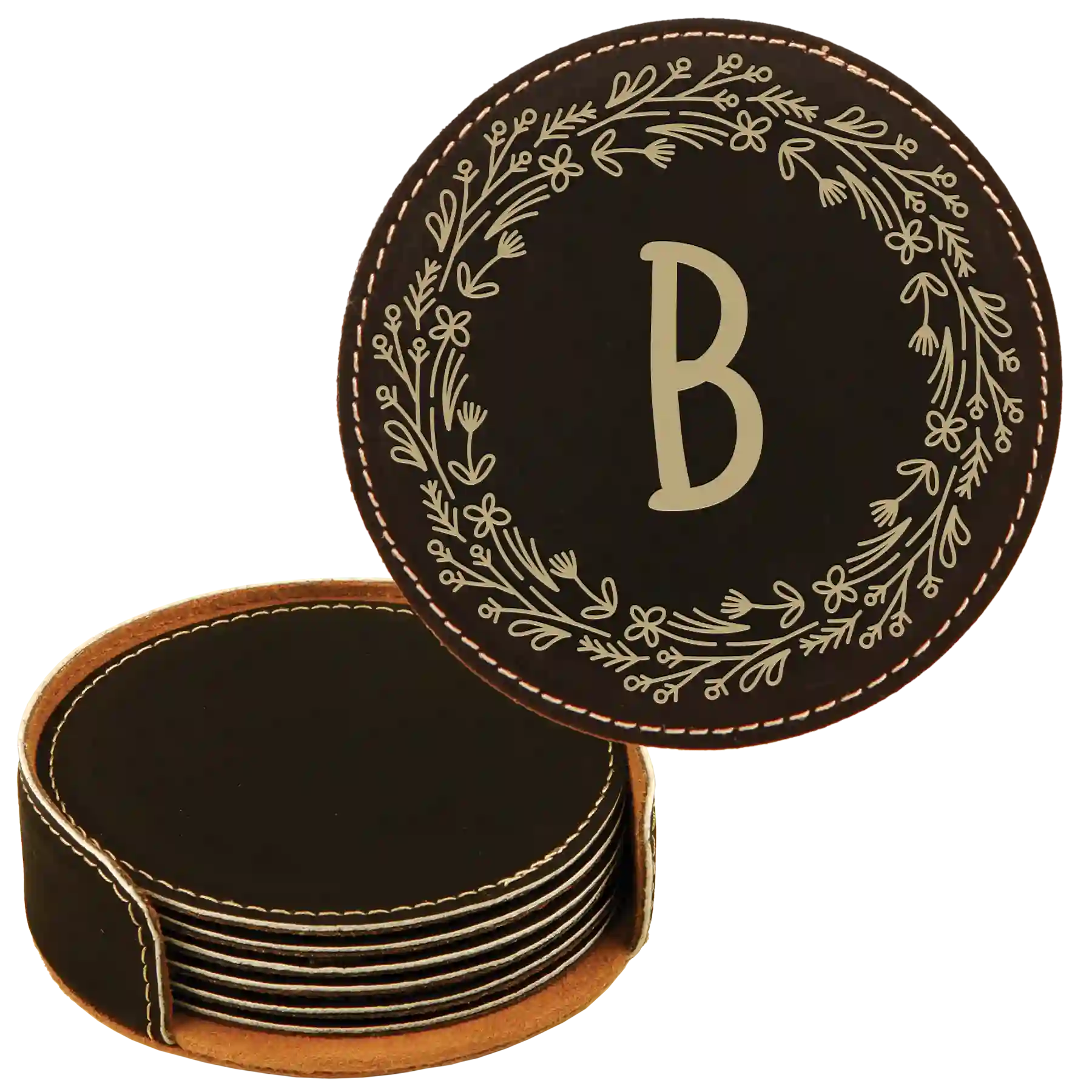 Black/Gold round leatherette coasters set and holder with personalized 'Floral Circle' design
