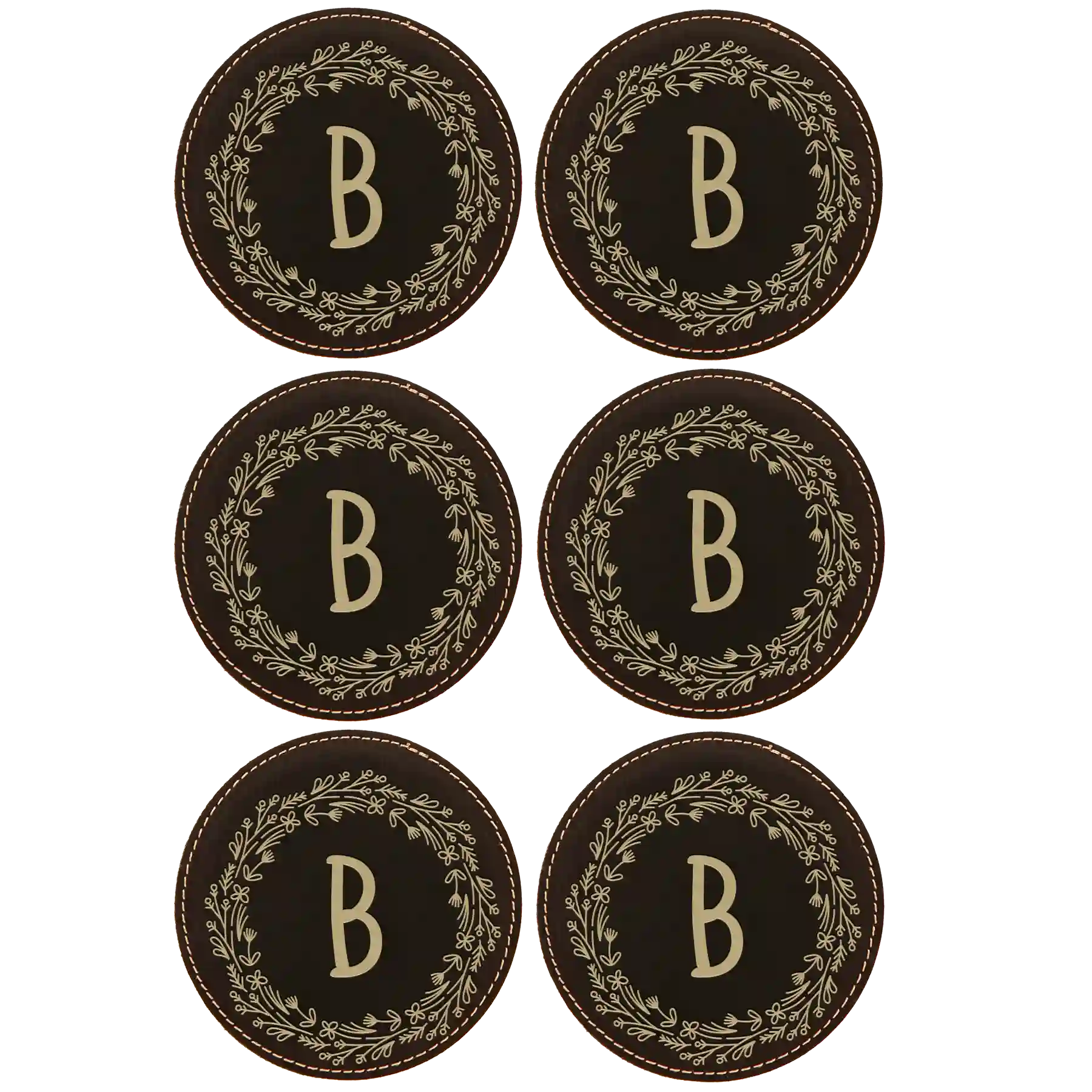 Black/Gold round leatherette coasters set of 6 with personalized 'Floral Circle' designs