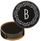 Black/Silver round leatherette coasters set and holder with personalized 'Floral Circle' design
