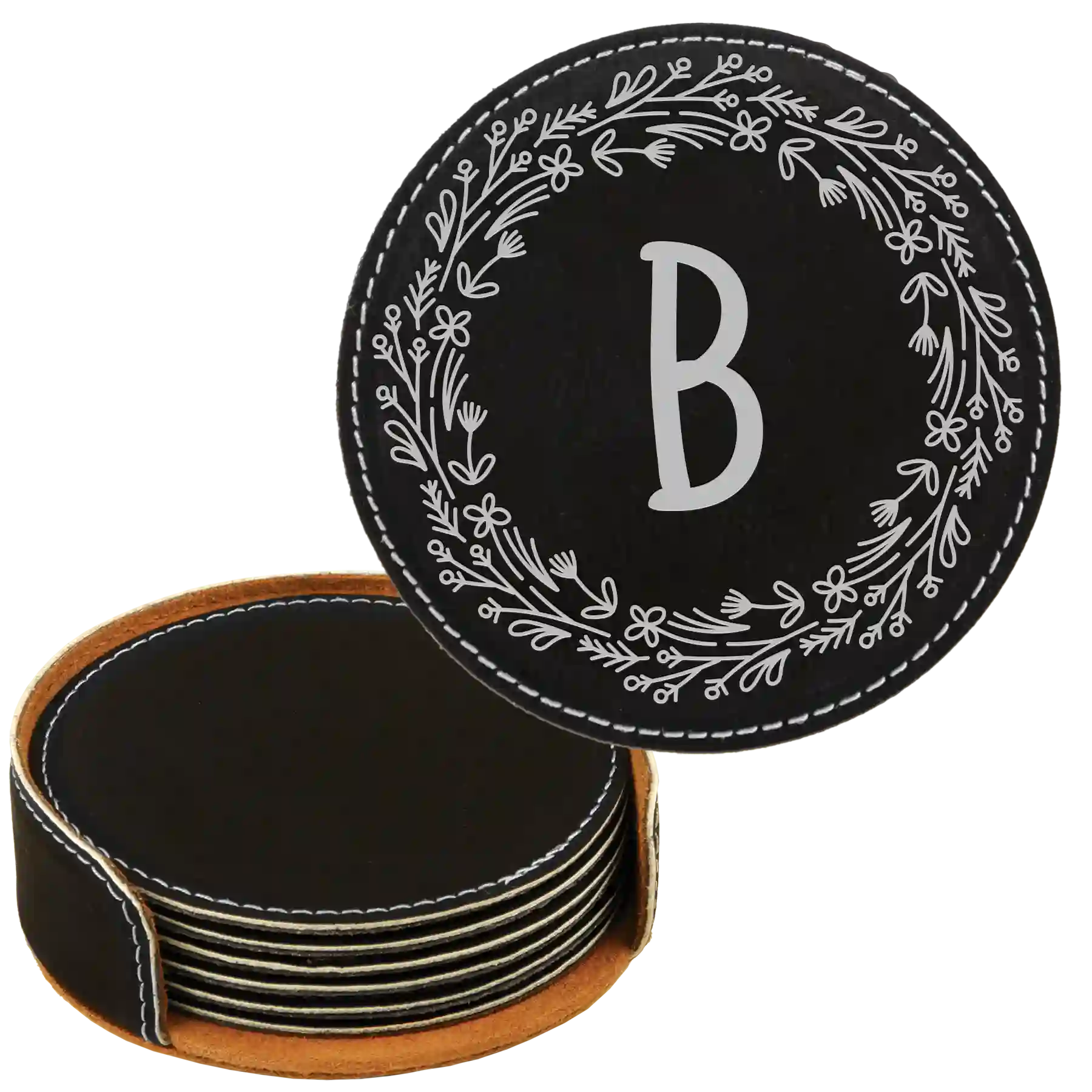 Black/Silver round leatherette coasters set and holder with personalized 'Floral Circle' design