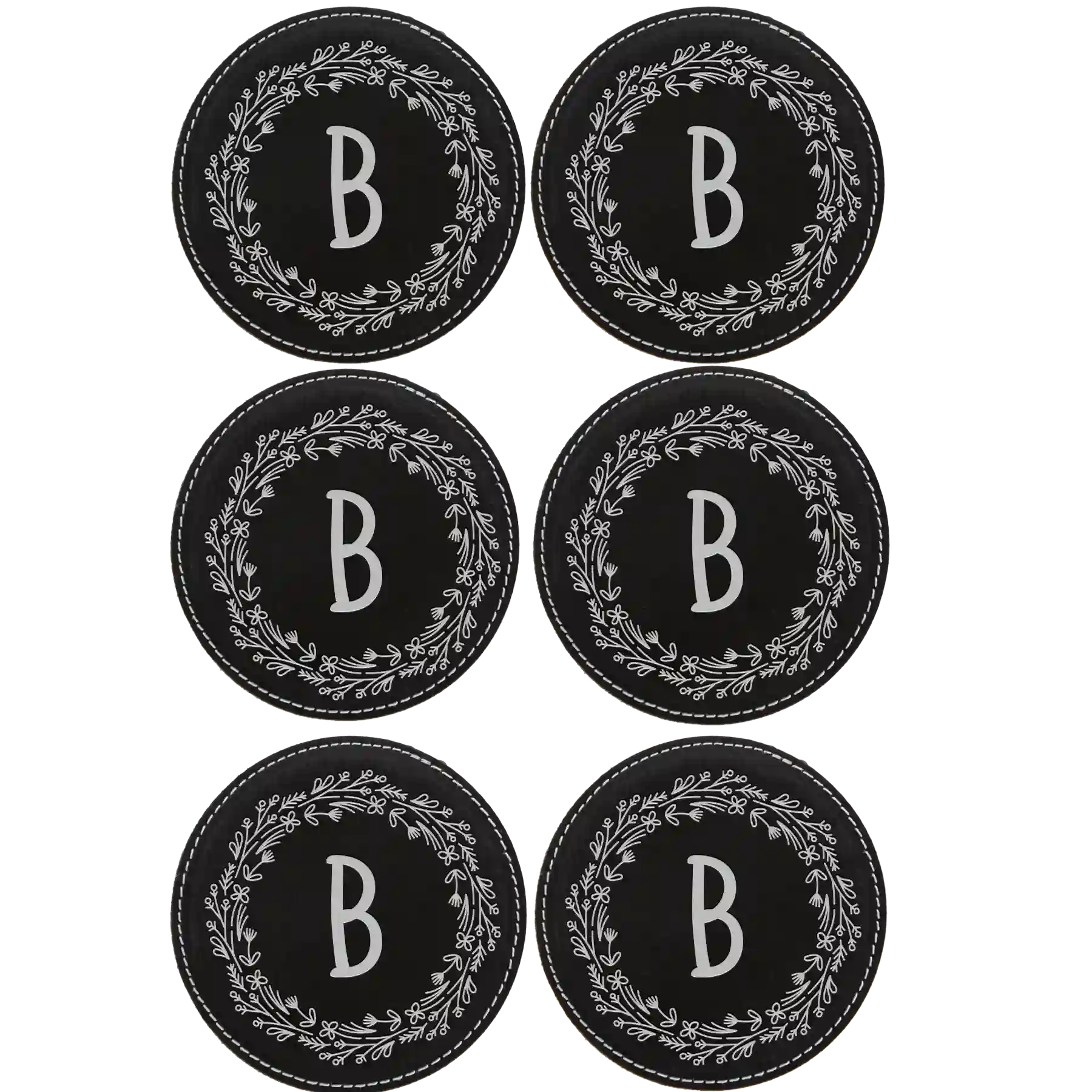 Black/Silver round leatherette coasters set of 6 with personalized 'Floral Circle' designs