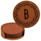 Rawhide round leatherette coasters set and holder with personalized 'Floral Circle' design