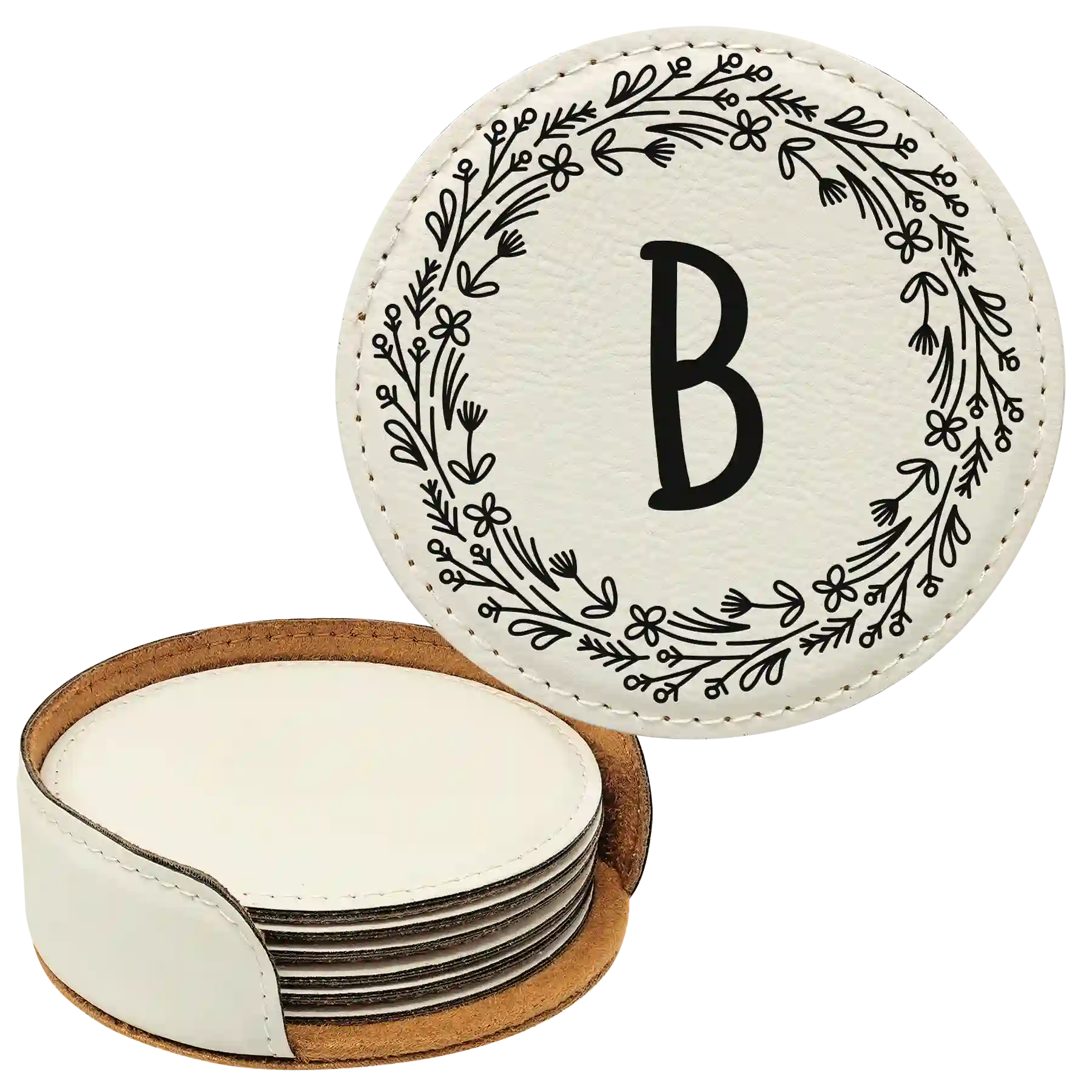 White round leatherette coasters set and holder with personalized 'Floral Circle' design