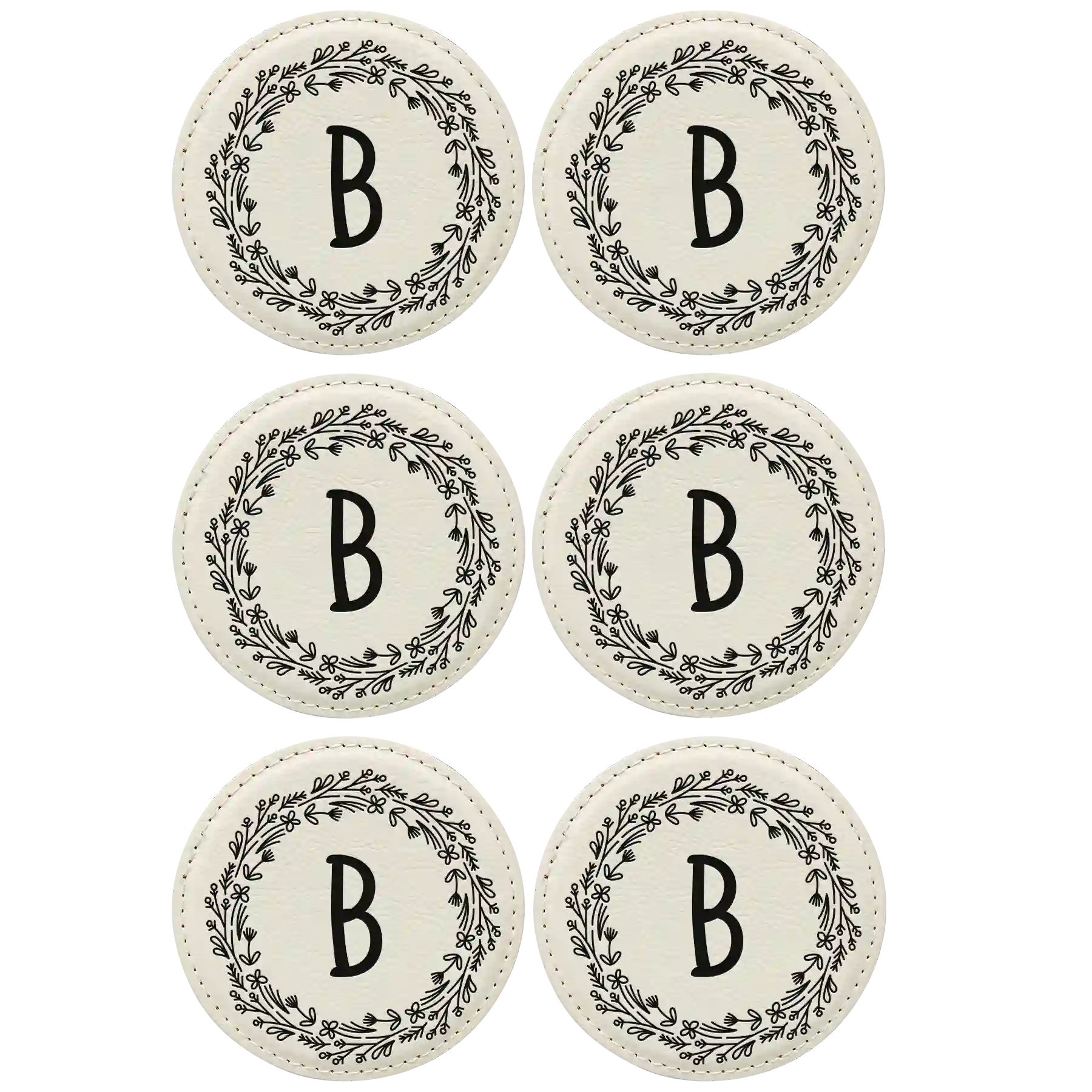 White round leatherette coasters set of 6 with personalized 'Floral Circle' designs