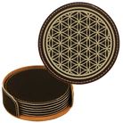 Black/Gold round leatherette coasters set and holder laser etched with 'Flower of Life' design