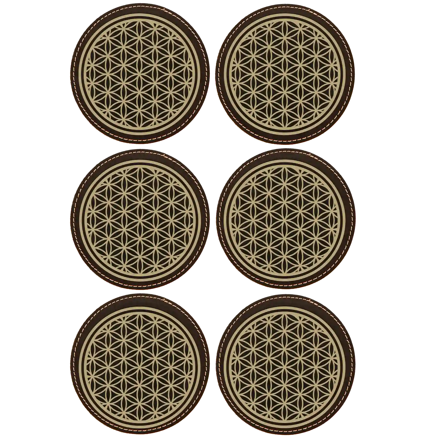 Black/Gold round leatherette coasters set of 6 laser etched with 'Flower of Life' designs