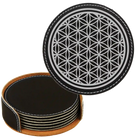 Black/Silver round leatherette coasters set and holder laser etched with 'Flower of Life' design