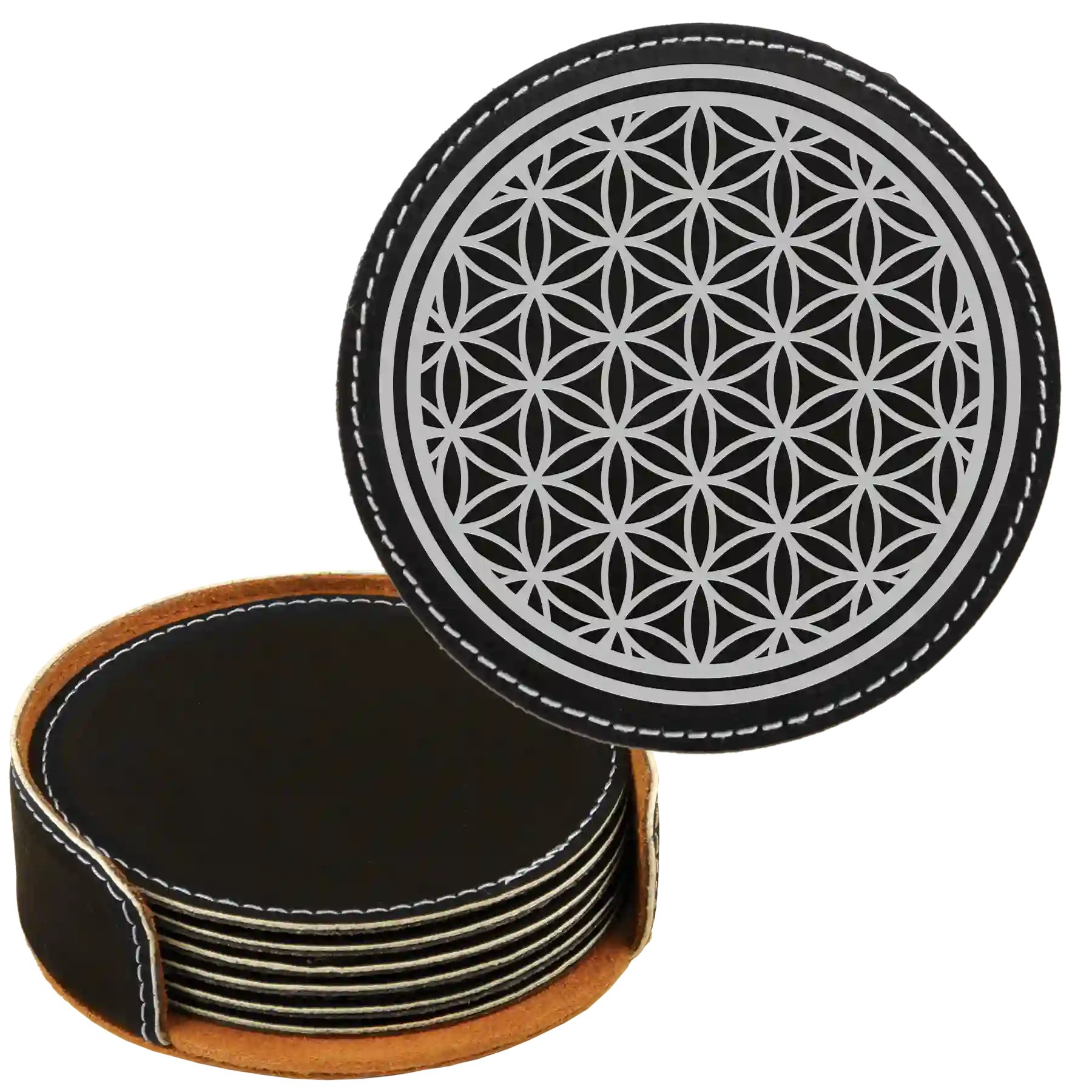 Black/Silver round leatherette coasters set and holder laser etched with 'Flower of Life' design