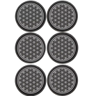 Black/Silver round leatherette coasters set of 6 laser etched with 'Flower of Life' designs