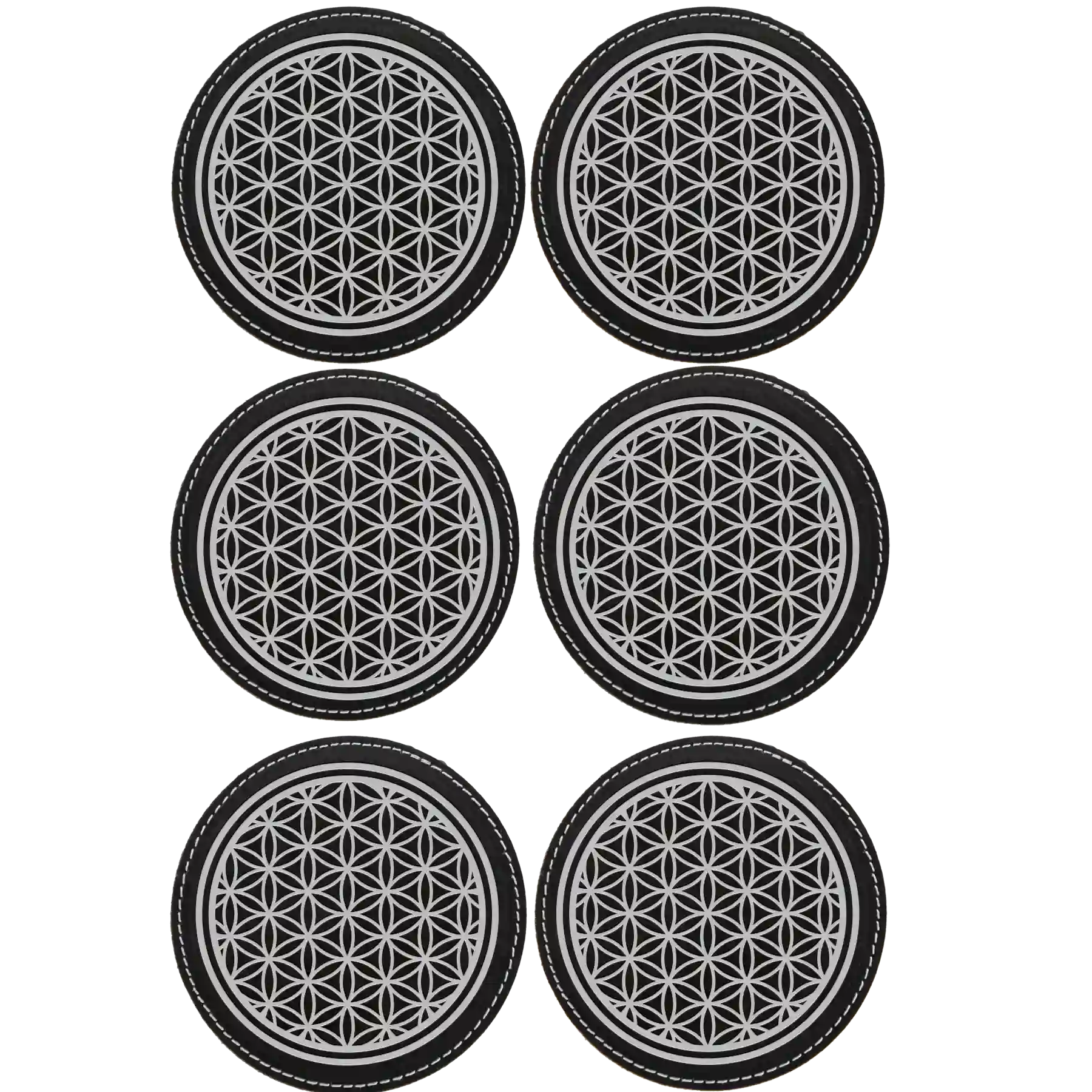 Black/Silver round leatherette coasters set of 6 laser etched with 'Flower of Life' designs