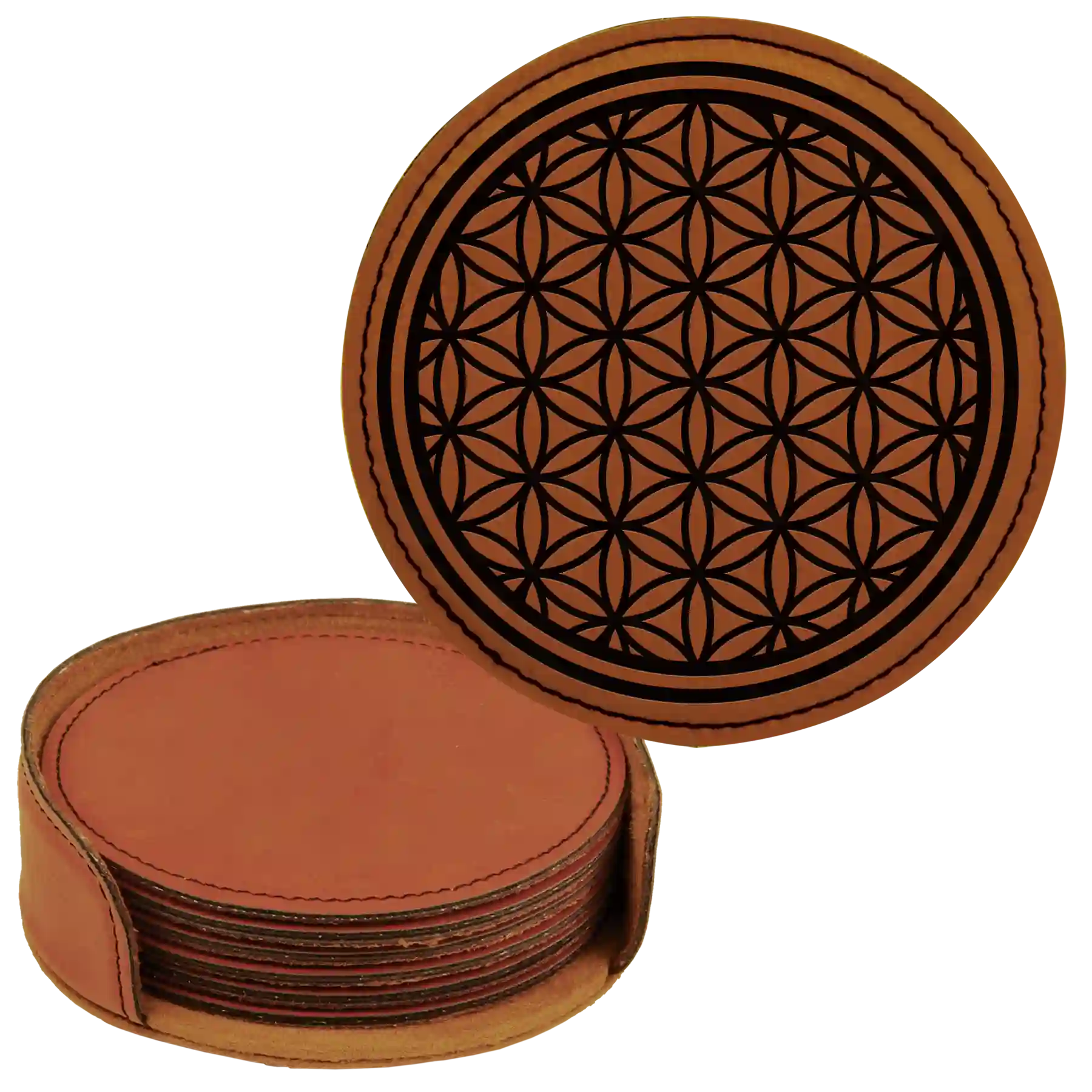 Rawhide round leatherette coasters set and holder laser etched with 'Flower of Life' design