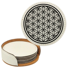 White round leatherette coasters set and holder laser etched with 'Flower of Life' design