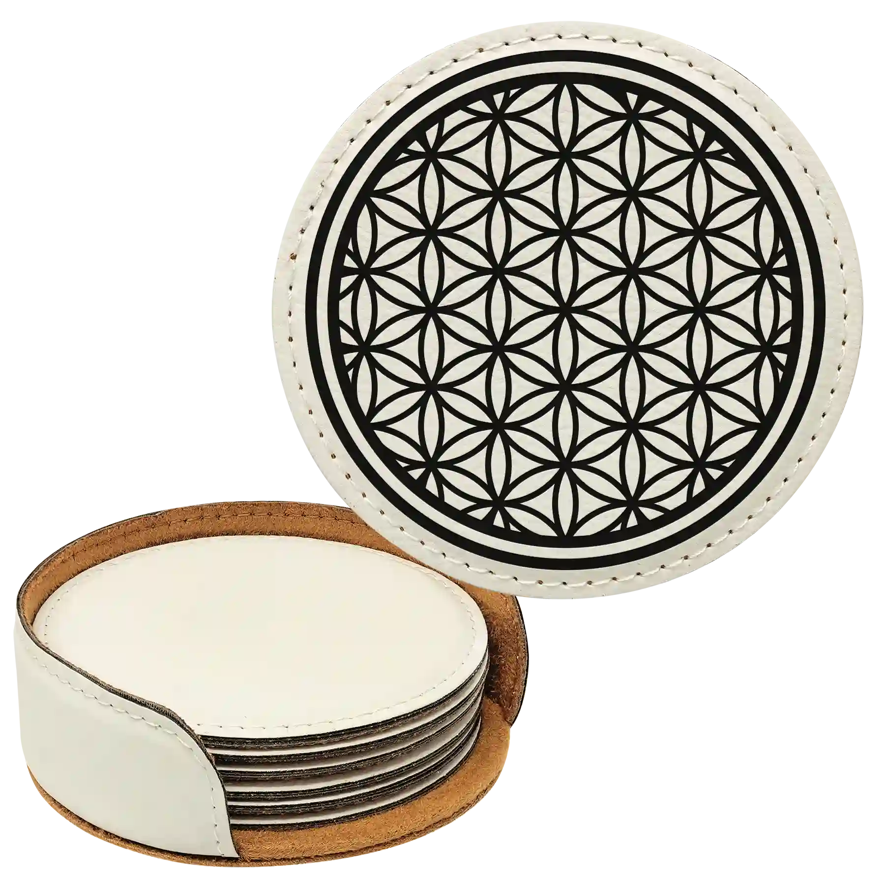 White round leatherette coasters set and holder laser etched with 'Flower of Life' design