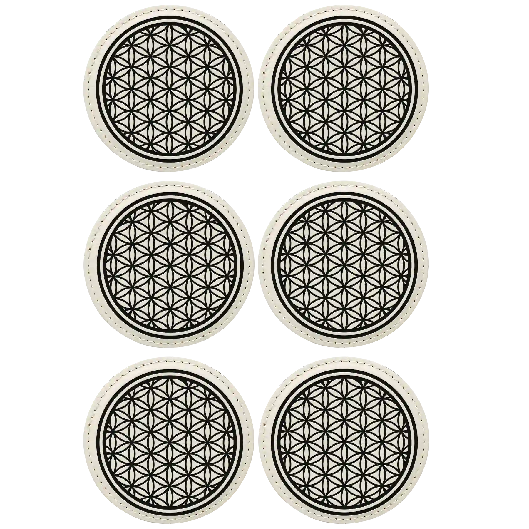 White round leatherette coasters set of 6 laser etched with 'Flower of Life' designs