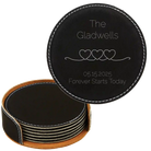 Black/Silver round leatherette coasters set and holder with personalized 'Forever Starts' design