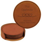 Rawhide round leatherette coasters set and holder with personalized 'Forever Starts' design