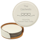 White round leatherette coasters set and holder with personalized 'Forever Starts' design