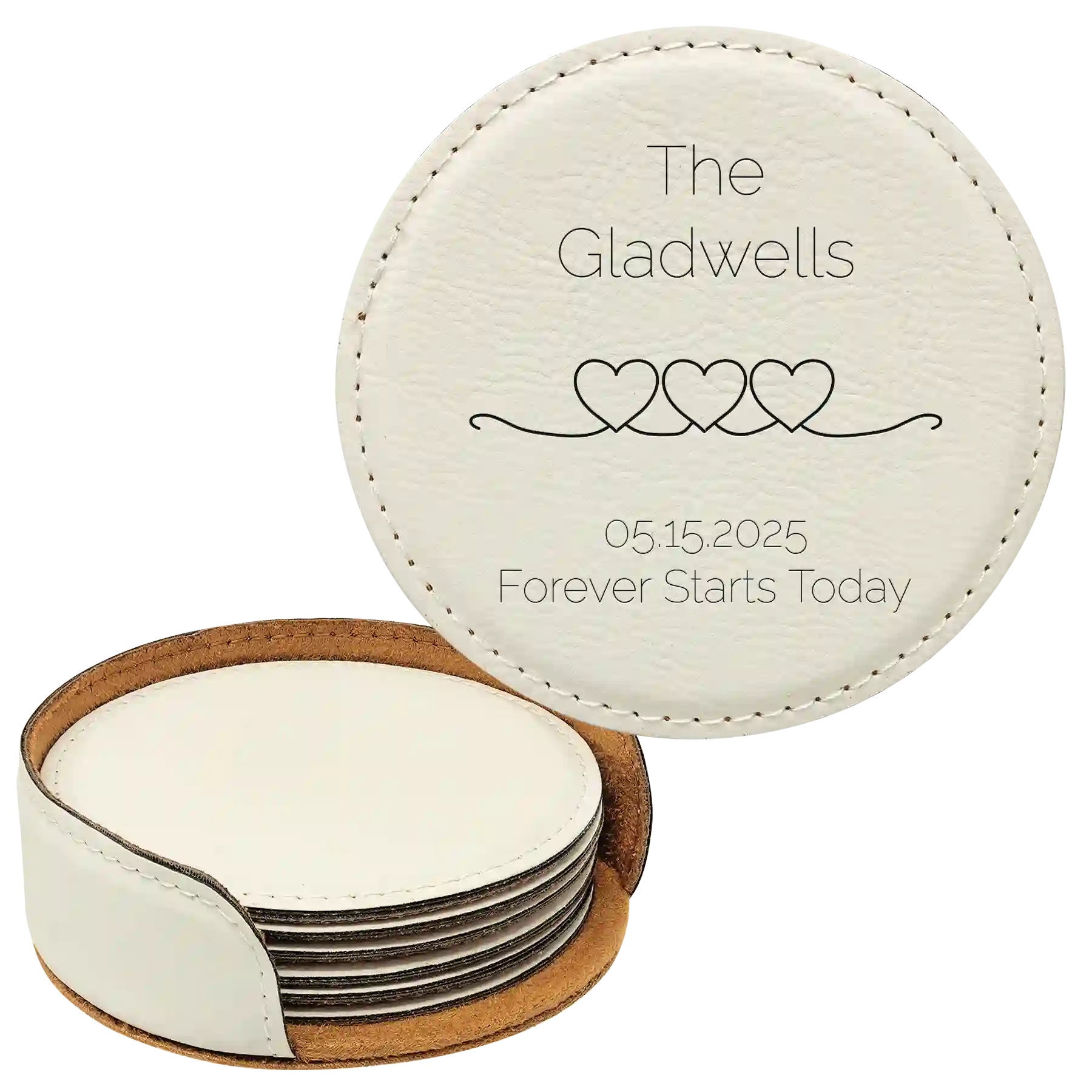 White round leatherette coasters set and holder with personalized 'Forever Starts' design